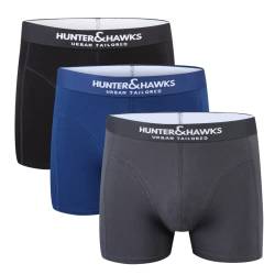 Hunter&Hawks Herren 3er Pack Organic Baumwolle Boxershorts, S-6XL, Herren Stretch Boxers, Weiche Taille, Atmungsaktive Trunks, Anti-Reibung Unterwäsche, Schwarz, Blau, Grau, Mehrfarbig, Multipack von HUNTER&HAWKS URBAN TAILORED