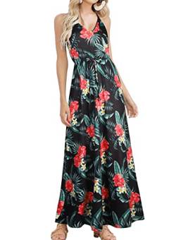 HUSKARY Ärmelloses Damen-Maxikleid mit V-Ausschnitt, Spaghetti-Träger, Taschen, Strand, Boho, tropisches Sommerkleid, Rosa Blume, Mittel von HUSKARY