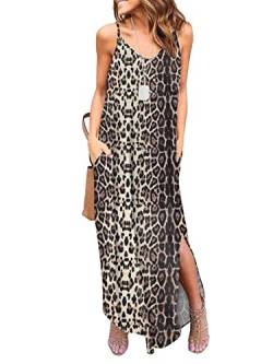 HUSKARY Damen Sommer Casual Ärmellos V-Ausschnitt Träger Split Lose Kleid Strand Cover Up Lange Cami Maxikleider mit Tasche, Leopard, Mittel von HUSKARY