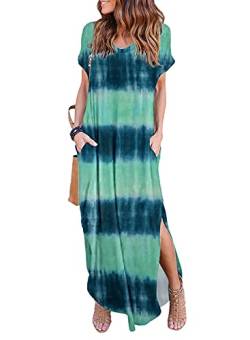 HUSKARY Damen Sommer Maxikleid Casual Lose Taschen Langes Kleid Kurzarm Split, Batik, XX-Large von HUSKARY