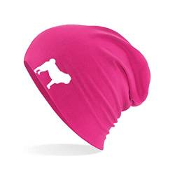 HUURAA Beanie Mops Silhouette Unisex Mütze Größe Fuchsia mit Motiv für Hundefreunde Geschenk Idee für Freunde und Familie von HUURAA