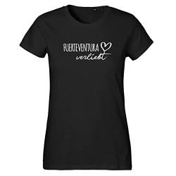 HUURAA Damen T-Shirt Fuerteventura verliebt Bio Baumwolle Fairtrade Oberteil Größe S Black mit Namen deiner lieblings Insel Geschenk Idee für Freunde und Familie von HUURAA