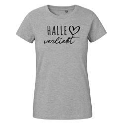 HUURAA Damen T-Shirt Halle verliebt Bio Baumwolle Fairtrade Oberteil Größe L Sport Grey mit Namen deiner lieblings Stadt Geschenk Idee für Freunde und Familie von HUURAA