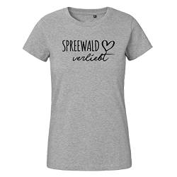 HUURAA Damen T-Shirt Spreewald verliebt Bio Baumwolle Fairtrade Oberteil Größe XL Sport Grey mit Namen deiner lieblings Region Geschenk Idee für Freunde und Familie von HUURAA