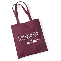 HUURAA Jutebeutel Lehrerin mit Herz Tasche Baumwolle 10 Liter Burgundy mit Motiv für die tollsten Menschen Geschenk Idee für Freunde und Familie von HUURAA