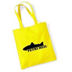 HUURAA Jutebeutel Petri Heil Fischergruß Tasche Baumwolle 10 Liter Größe Yellow mit Motiv für Angler Geschenk Idee für Freunde und Familie von HUURAA