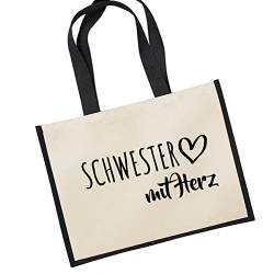 HUURAA Jutetasche Schwester mit Herz Tragetasche Black 21 Liter mit Motiv für die tollsten Menschen Geschenk Idee für Freunde und Familie von HUURAA