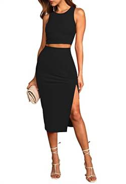 HUUSA 2-teiliges Kleid für Damen, sexy, ärmellos, schlank, figurbetont, geteilt, Midi-Kleider, lässig, Rundhalsausschnitt, Tank-Tops, hohe Taille, Rock-Sets, Schwarz, Mittel von HUUSA