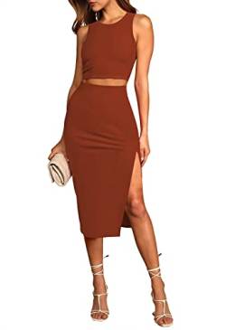 HUUSA 2-teiliges Kleid für Damen, sexy, ärmellos, schlank, figurbetont, geteilt, Midi-Kleider, lässig, Rundhalsausschnitt, Tank-Tops, hohe Taille, Rock-Sets, burnt orange, Klein von HUUSA