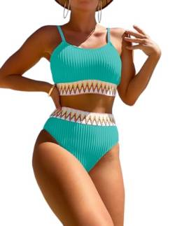 HUXRAKV Bikini-Sets für Damen Gepolstert Push Up Crop Top Badeanzug Zweiteiliger Hohe Taille Bedruckte Spaghetti Strap Bademode für Strand Schwimmbad Badebekleidung Beachwear Swimsuit,A-Blau 2,M von HUXRAKV