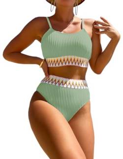 HUXRAKV Bikini-Sets für Damen Gepolstert Push Up Crop Top Badeanzug Zweiteiliger Hohe Taille Bedruckte Spaghetti Strap Bademode für Strand Schwimmbad Badebekleidung Beachwear Swimsuit,A-Hellgrün,L von HUXRAKV