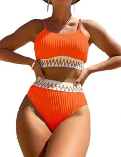 HUXRAKV Bikini-Sets für Damen Gepolstert Push Up Crop Top Badeanzug Zweiteiliger Hohe Taille Bedruckte Spaghetti Strap Bademode für Strand Schwimmbad Badebekleidung Beachwear Swimsuit,A-Orange,M von HUXRAKV