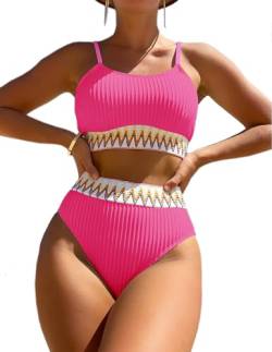 HUXRAKV Bikini-Sets für Damen Gepolstert Push Up Crop Top Badeanzug Zweiteiliger Hohe Taille Bedruckte Spaghetti Strap Bademode für Strand Schwimmbad Badebekleidung Beachwear Swimsuit,A-Rot,L von HUXRAKV