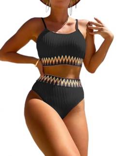 HUXRAKV Bikini-Sets für Damen Gepolstert Push Up Crop Top Badeanzug Zweiteiliger Hohe Taille Bedruckte Spaghetti Strap Bademode für Strand Schwimmbad Badebekleidung Beachwear Swimsuit,A-Schwarz,XL von HUXRAKV