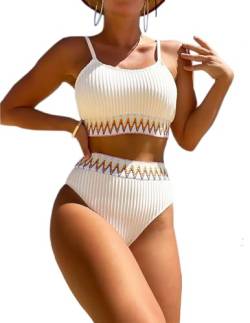 HUXRAKV Bikini-Sets für Damen Gepolstert Push Up Crop Top Badeanzug Zweiteiliger Hohe Taille Bedruckte Spaghetti Strap Bademode für Strand Schwimmbad Badebekleidung Beachwear Swimsuit,A-Weiß,L von HUXRAKV