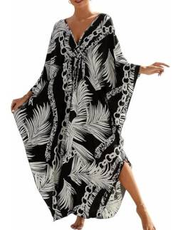 HUXRAKV Damen V Ausschnitt Cover up Bikini Maxi Strandkleid Boho Kimono Drucken Lang Strand Kaftan Kleid Kurzarm Plus Größe Strandponcho,B-Blattdruck,OneSize von HUXRAKV