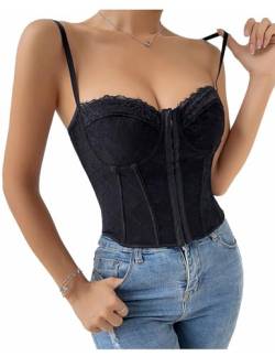 HUXRAKV Mode Damen Vollbrust Corsage Spitzenbustier mit Schnalle Spaghettiträger vorne offen entbeint Stahlring Wrap Bust Ribbed Tank Top Korsett Shapewear Sexy Party Ausgehen Crop Top,A-Schwarz,XS von HUXRAKV