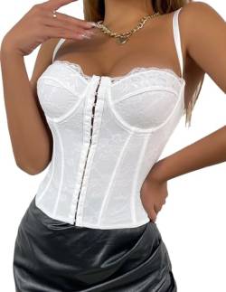 HUXRAKV Mode Damen Vollbrust Corsage Spitzenbustier mit Schnalle Spaghettiträger vorne offen entbeint Stahlring Wrap Bust Ribbed Tank Top Korsett Shapewear Sexy Party Ausgehen Crop Top,A-Weiß,XS von HUXRAKV