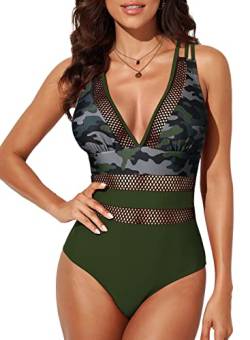 HUXRAKV Neue Einteilig Badeanzüge für Damen Gepolstert Tummy Control Hohe Taille Bedruckt Badebekleidung mit Mesh Monokinis Bademode für Strand Schwimmbad Beachwear Swimsuit,A-Grün 1,L von HUXRAKV