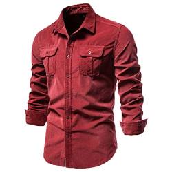 Herren Hemden Baumwolle Cord Langarm Umlegekragen Slim Fit Oberteile Einfarbig Casual Knopfleiste Blusen, rot, XL von HUYTERTDR