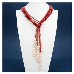 HUYXYDKZM Schmuck Rote Koralle Natürliche Zuchtperlen Lariat Lange Pullover Kette Halskette Armband Ohrringe Sets for Frauen (Color : Sets-3-items) von HUYXYDKZM