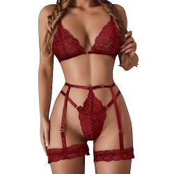 HUyydza Set mit Hosenträgern V-Ausschnitt BH Stretch-Spitze Damenanzug Schlafanzug-Unterwäsche String Spitze Dessous Dessous Weihnachtskalender von HUyydza