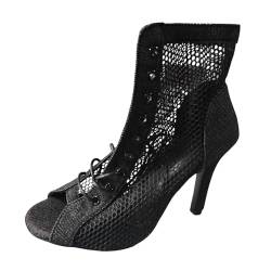 Heels Dance Class Bootie Sandalen, High Heels Pumps Sexy Schwarz Mesh Stiletto High Heels Schnüren Sandalen mit Fischmaul Tanzschuhe Mode Sandaletten Pole Dance Schuhe High Heels Stiefeletten von HUyydza