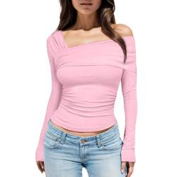 Langarmshirt Damen Y2K Plissiertes Oberteil Eng Slim Fit T-Shirt Sexy One Off Shoulder Crop Top Langarm Bluse Casual Streetwear Tops von HUyydza