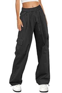 HVEPUO Cargohose Damen Schwarze Hose Kargo Hosen Frauen Baggy Pants Cargo Hose Y2k Wide Leg Harajuku Hose Schwarz S von HVEPUO