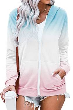 HVEPUO Damen Full Zip Hoodie Kordel V Ausschnitt Damen 2022 Casual Lockere Bunt Hoody Reißverschluß Kapuze Für Teenager Sweatjacke Frauen Kapuzensweatjacke Kuschel Jacke Clothing Hellpink Hellblau M von HVEPUO