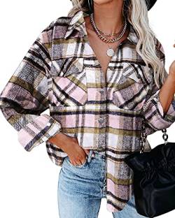 HVEPUO Damen Hemd Kariert Jacke Hemdjacke Knöpfen Langarm Bluse College Y2K Oberteile Karo Shacket Mantel Flanellhemd Frauen Holzfällerjacke Mit Brusttaschen Rosa M von HVEPUO