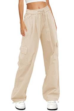 HVEPUO Damen-Hose mit Kordelzug, elastisch, gerade Baumwolle, mit Taschen, 02-khaki, X-Klein von HVEPUO