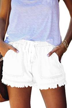 HVEPUO Damen Jeansshorts High Waist Kurze Hosen aus Denim für den Damen Sommer Denim Kurze Hose Basic Jeans Bermuda-Shorts mit Quast Weiß M von HVEPUO