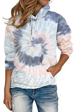 HVEPUO Damen Langarm Buntes Hoodie College Tie Dye Batik Pullover Locker Mit Kordelzug Taschen Sweatshirt Mode Aesthetic Womens Top Vintage Clothes Hemd Blau M von HVEPUO