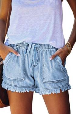 HVEPUO Damen Mittlerer Aufstieg Denim Kurze Hose Lässige gebrochene Kante Used Look Blue Quaste Jeans Shorts Kurze Blau gewaschen M von HVEPUO