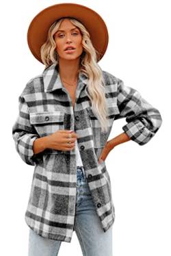 HVEPUO Damen-Shirt Langarm mit Knopfleiste Hemdjacke Kariertes Bluse Flanellhemd Damen Karo Shacket Mantel Karrierte Jacken für Frauen Holzfällerjacke Dunkelgrau M von HVEPUO