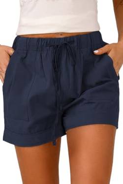 HVEPUO Damen-Sommer-Shorts aus Leinen, leger, elastischer Taillenbund mit Taschen, 02-blau, Mittel von HVEPUO