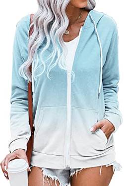 HVEPUO Damen Tie Dye Sweatjacke Reissverschluss Hoodie College Batik Jacke Colorblock Herbst Cardigan Vintage Aesthetic Cute Clothes Hoody Mit Kapuze Kapuzenjacke Hellblau Oberteile Blau M von HVEPUO