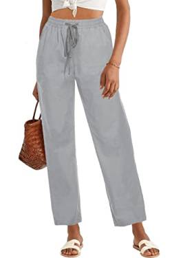 HVEPUO Damenhose mit elastischem Bund und Kordelzug, gerade Baumwollhose mit Taschen, 01-grau, M von HVEPUO