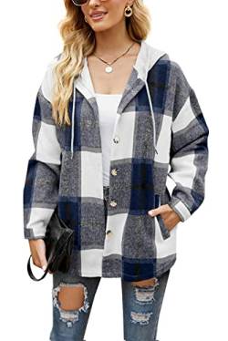 HVEPUO Flanellhemd Damen Kariert mit Kapuze Hemdjacke Knöpfen Langarm Hoodie Shacket Frauen Karierte Jacke Holzfällerjacke Mit Brusttaschen Dunkelblau L von HVEPUO