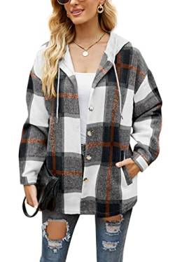 HVEPUO Flanellhemd Damen Kariert mit Kapuze Hemdjacke Knöpfen Langarm Hoodie Shacket Frauen Karierte Jacke Holzfällerjacke Mit Brusttaschen Schwarz S von HVEPUO