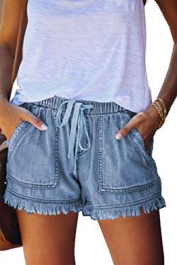 HVEPUO Frauen Mid Length Shorts Jeansshorts Wide Leg Jeans Shorts Hohe Taille Sexy Kurz Hosen mit Quaste Navy blau L von HVEPUO