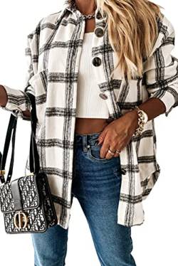 HVEPUO Hemdjacke Damen Kariert Oversize Karo Jacke Teenager Mädchen Karomuster Flannel Hemd Frauen Cordhemd Langarmshirts Schwarz S von HVEPUO