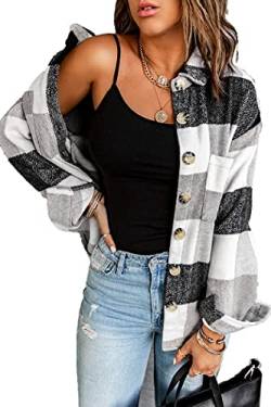 HVEPUO Karierte Jacke Damen Hemdjacke Knöpfen Langarm Bluse College Jacke Y2K Oberteile Karo Shacket Mantel Flanellhemd Frauen Holzfällerjacke Mit Brusttaschen Grau XXL von HVEPUO