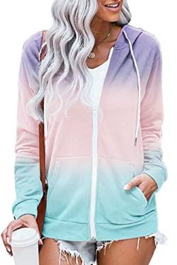 HVEPUO Klamotten Teenager Mädchen Zip Up Sweatjacke Damen Mit Kapuze Elegant Tumblr Clothes Dünne Hemdjacke College Jacke Vintage Tie Dye Herbstmode Hoodies Für Damen Lila Blau M von HVEPUO