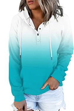 HVEPUO Pullover Damen V Ausschnitt Henley Knopfleiste Hoodie Elegant Langarm Button Up Sweatshirt Klamotten Teenager Mädchen Kapuzenpullover Longsleeve Oberteile Blau L von HVEPUO