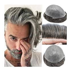 Herren-Haarteil, Indisches Echthaar-Toupet for Männer, 0,03–0,04 mm, dünne Haut, PU-Basis, Haarersatzsystem, Haarteile, 25,4 x 20,3 cm, natürliche Welle, 1B, gemischt, 40% grau-weißes Haar, für Abde von HWHXY68