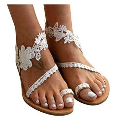 HXMISKO Sandalen Damen Weiß Zehentrenner Elegante Blumen-Perlen Pantoletten Slides Abendschuhe Flip Flops Pumps Bequem Flache Strandsandalen Klassischen Böhmischen Sommer Strand Schuhe, 39 EU von HXMISKO