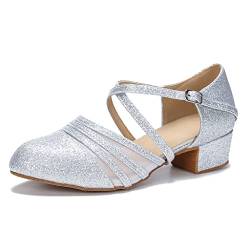 Damen Ballsaal-Tanzschuhe für Anfänger, Salsa, Lateinamerikanische geschlossene Zehenpartie, Tanzschuhe, 3,8 cm Absatz, S13, silber, 43 EU von HXYOO