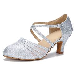 Damen Ballsaal-Tanzschuhe für Anfänger, Salsa, Lateinamerikanische geschlossene Zehenpartie, Tanzschuhe, 6,4 cm Absatz, S12, silber, 40 EU von HXYOO